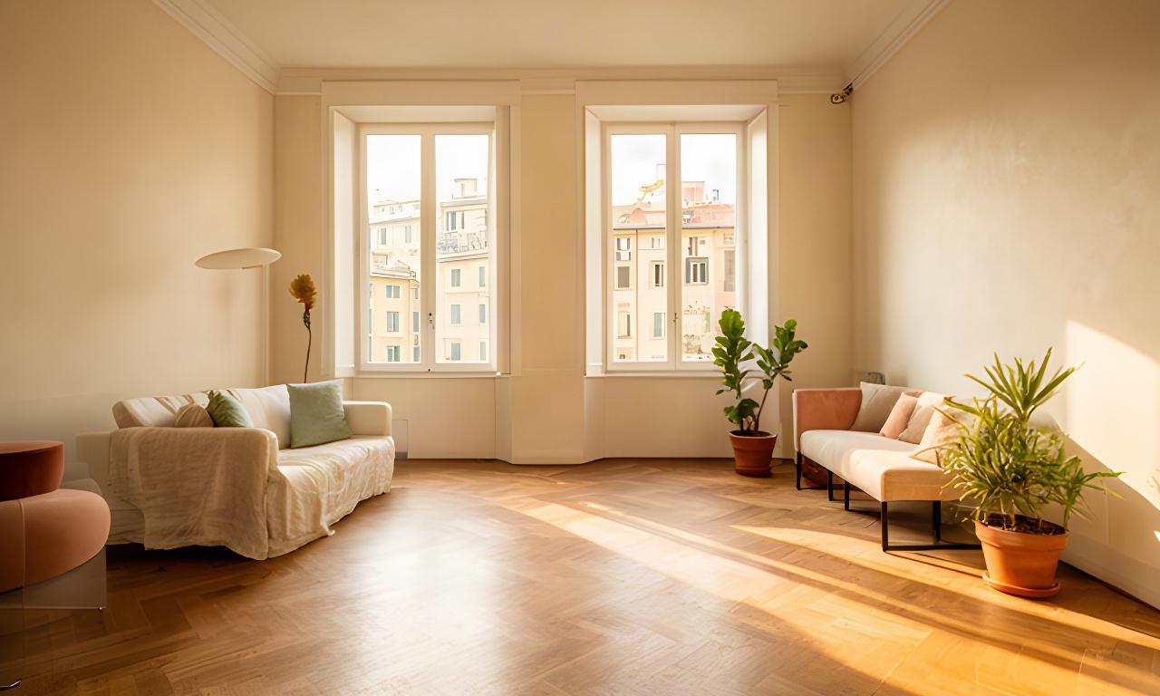 Interno di un appartamento ristrutturato nel centro di Genova, con parquet e luce del mattino