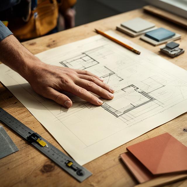 Mano di un tecnico su una planimetria appoggiata a un tavolo da lavoro