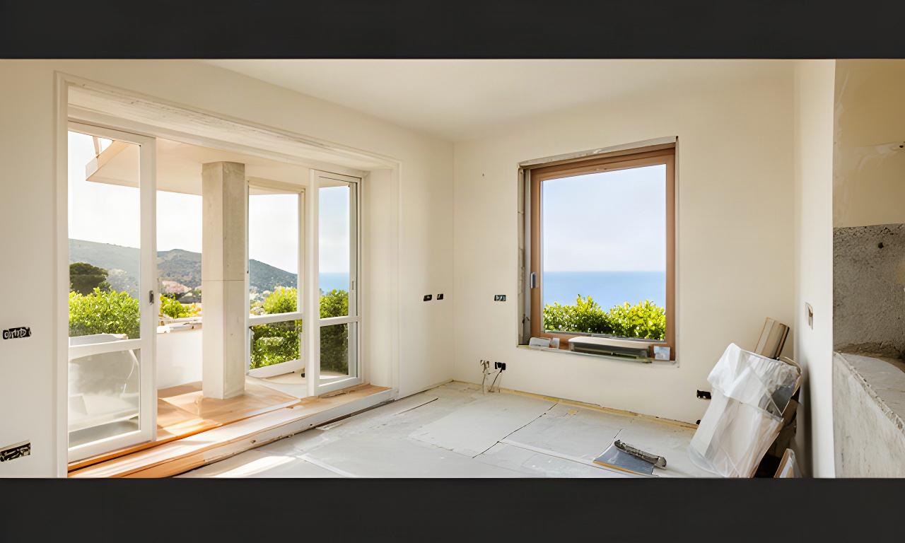 Interno luminoso di una casa ligure in ristrutturazione con pareti chiare e finestre ampie