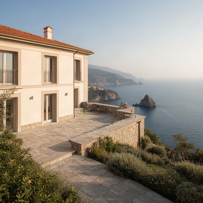 Villa singola costruita a Camogli, con terrazza in pietra e vista sul mare