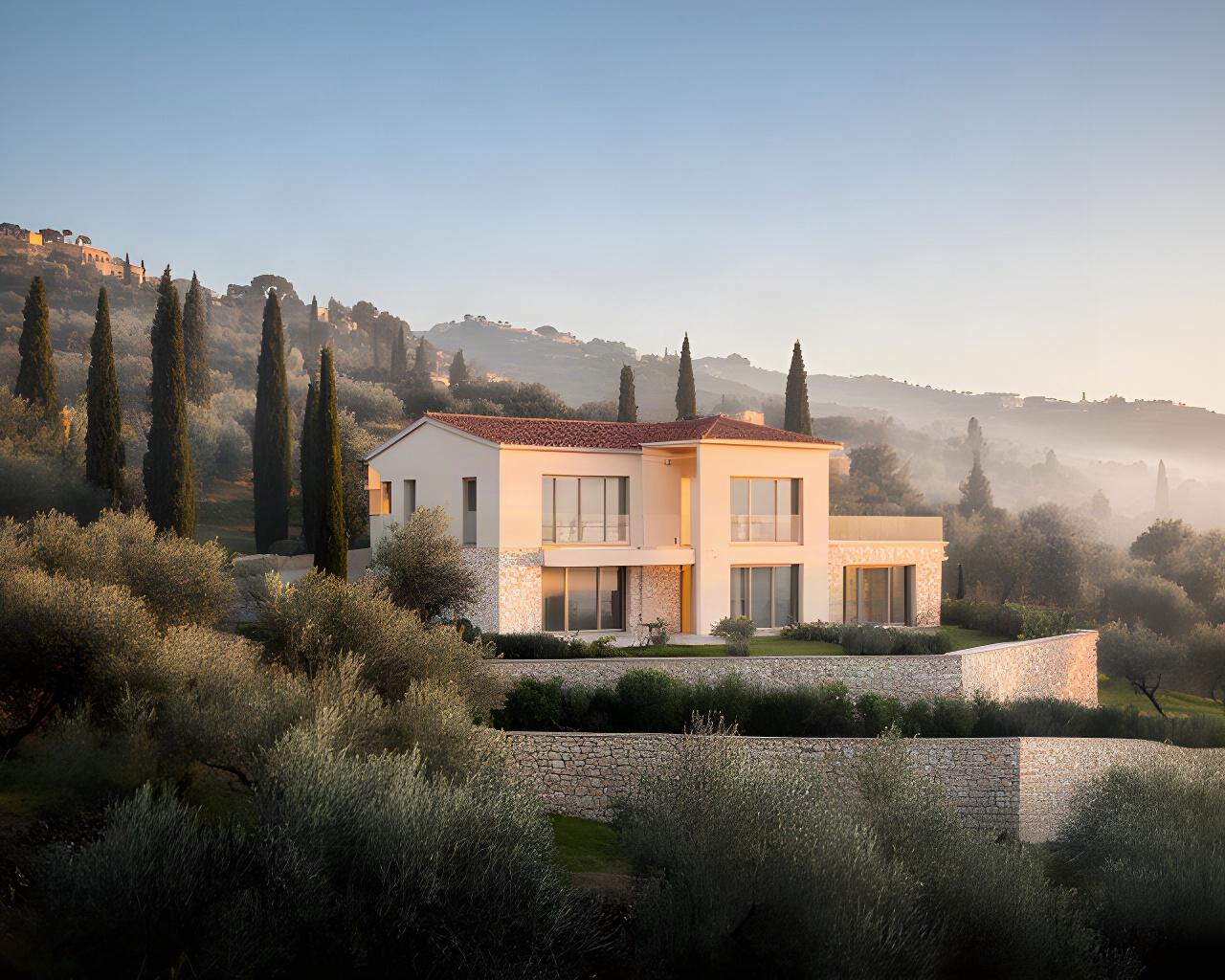 Casa contemporanea in Liguria circondata da vegetazione mediterranea e luce del mattino
