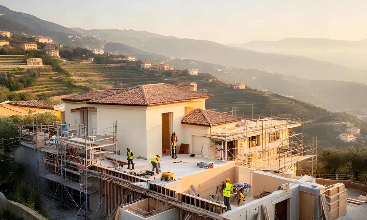 Cantiere residenziale sulle colline di Genova con muratori al lavoro nella luce del mattino