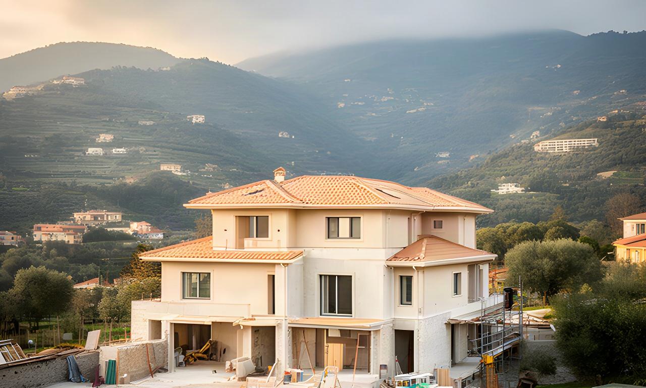 Casa residenziale ligure in costruzione con facciata chiara e colline verdi sullo sfondo