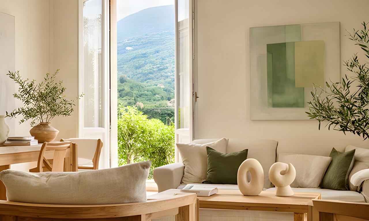 Soggiorno luminoso di una casa ligure con arredi naturali e vista sul verde