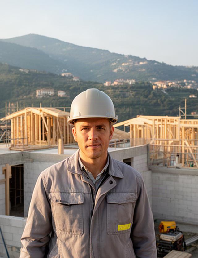 Tecnico con casco davanti a un cantiere residenziale ordinato sulle colline di Genova
