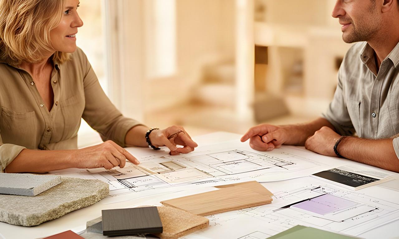 Incontro tra cliente e tecnico davanti a campioni di materiali per una casa in ristrutturazione