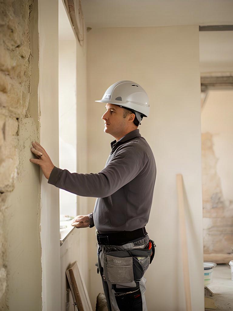 Tecnico con casco che controlla una parete in costruzione dentro una casa genovese