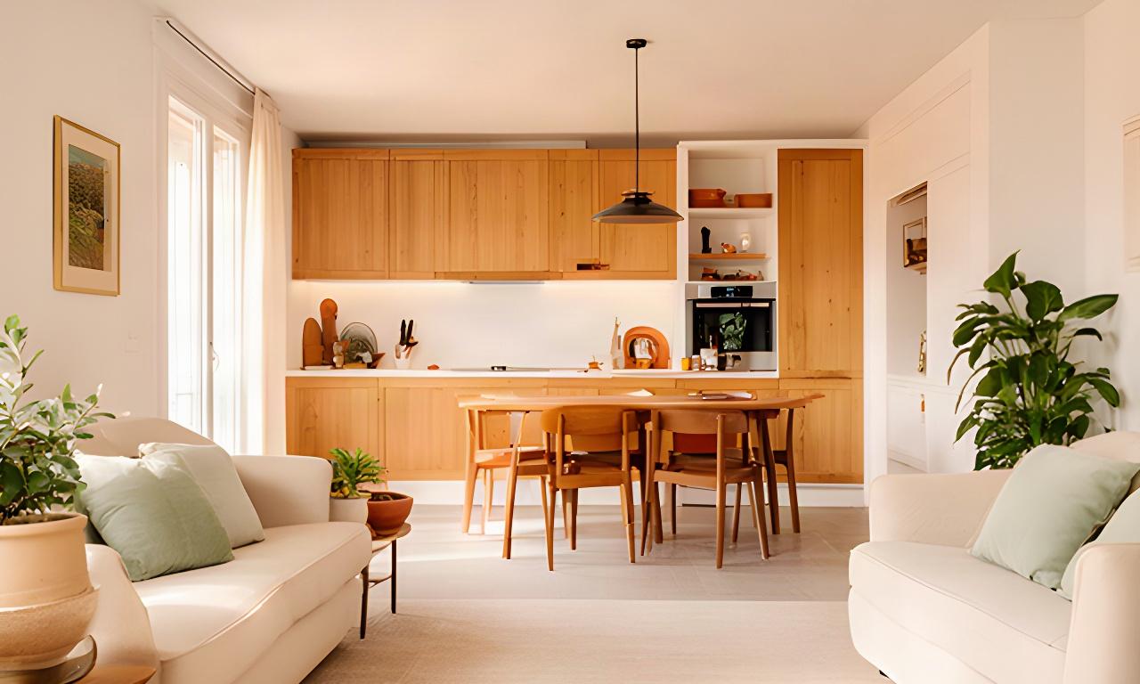 Interno luminoso di una casa ligure ristrutturata con cucina aperta e finiture calde