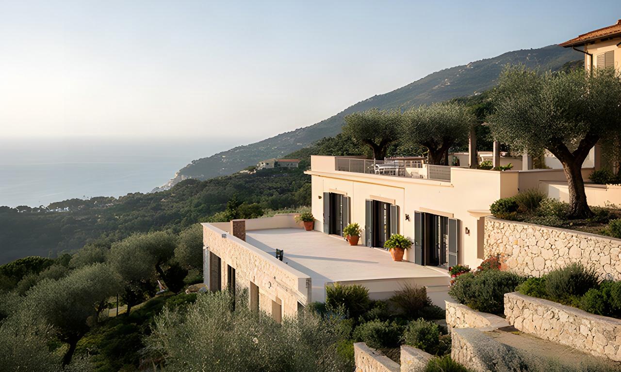 Casa residenziale in Liguria con facciata chiara, terrazza e ulivi sul pendio